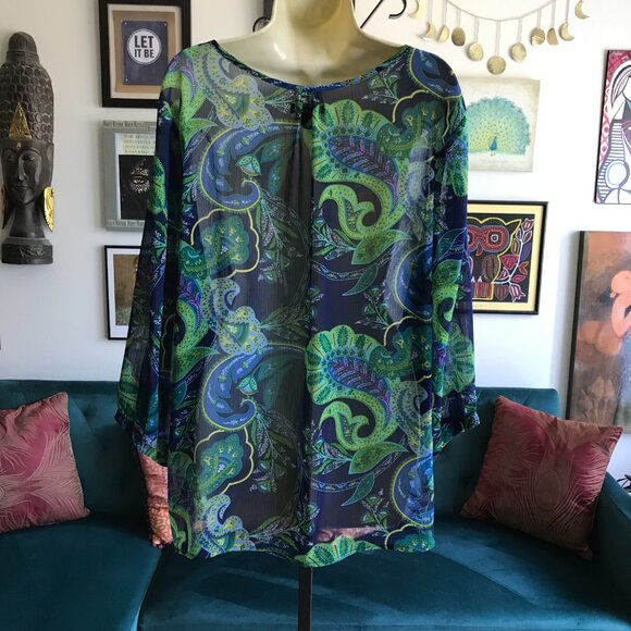 OLD NAVY size XXL Green Blue & Purple Paisley Print Chiffon Popover Blouse Top - Picture 3 of 4